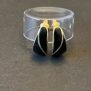 Trifari Vintage Black Enamel and Gold-tone Clip On Earrings